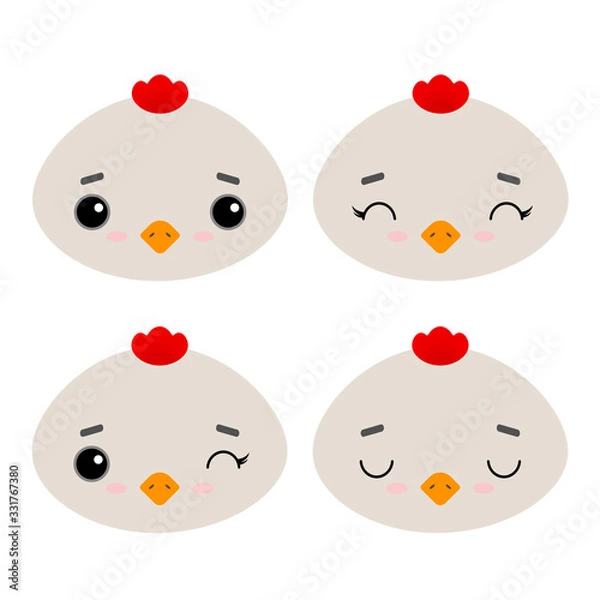 Fototapeta Set of cute vector illustrations with farm animals. Emotional chicken, rooster Isolated on a white background. Easter theme. Design for children, poster, print on fabric, greeting card.
