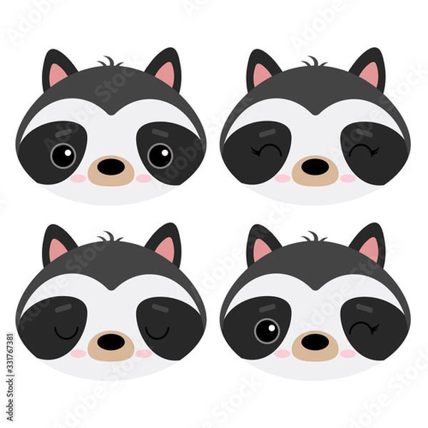 Fototapeta Set of cute vector illustrations with wild forest animals. Emotional raccoon isolated on a white background. Design for children, poster, print on fabric, greeting card.