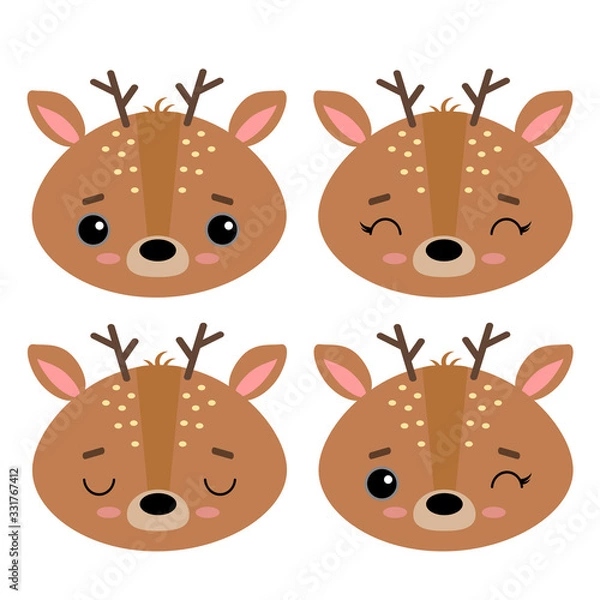 Fototapeta Set of cute vector illustrations with wild forest animals. Emotional deer Isolated on a white background. New Year theme. Design for children, poster, print on fabric, greeting card.
