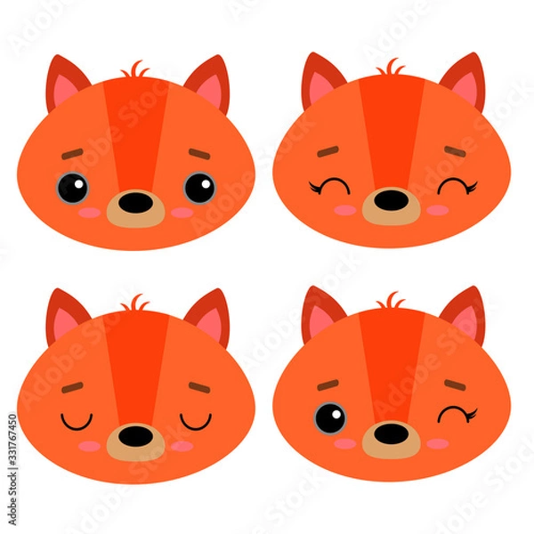 Fototapeta Set of cute vector illustrations with wild forest animals. Emotional fox isolated on a white background. Design for children, poster, print on fabric, greeting card.