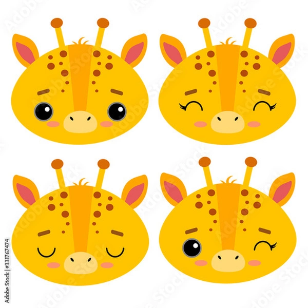 Fototapeta Set of cute vector illustrations with wild animals. Emotional giraffe Isolated on a white background. Design for children, poster, print on fabric, greeting card.
