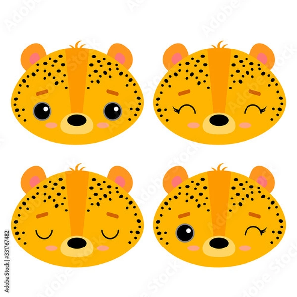 Fototapeta Set of cute vector illustrations with wild predatory animals. Emotional leopard, cheetah isolated on a white background. Design for children, poster, print on fabric, greeting 
