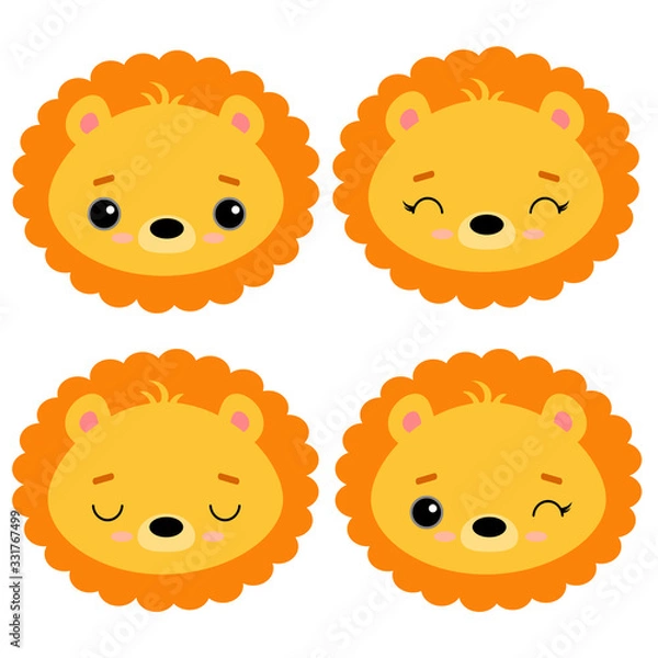 Fototapeta Set of cute vector illustrations with wild predatory animals. Emotional lion isolated on a white background. Design for children, poster, print on fabric, greeting card.