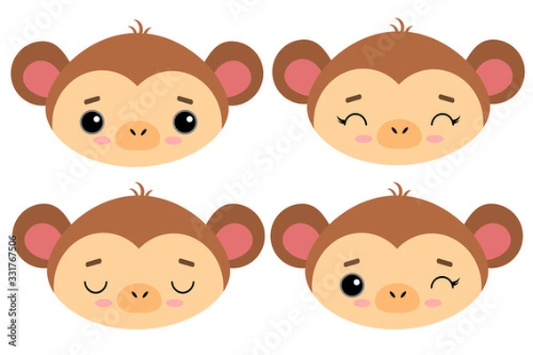 Fototapeta Set of cute vector illustrations with wild animals. Emotional monkey Isolated on a white background. Design for children, poster, print on fabric, greeting card.
