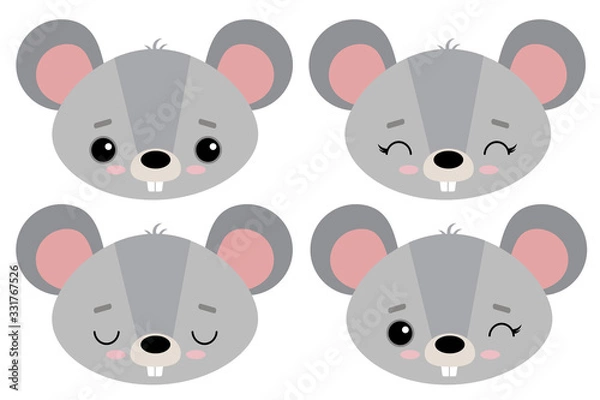 Fototapeta Set of cute vector illustrations with wild animals. Emotional mouse, rat isolated on a white background. A pet. Design for children, poster, print on fabric, greeting card.