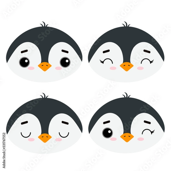 Fototapeta Set of cute vector illustrations with wild northern animals. Emotional penguin isolated on a white background. New Year theme. Design for children, poster, print on fabric, greeting card.