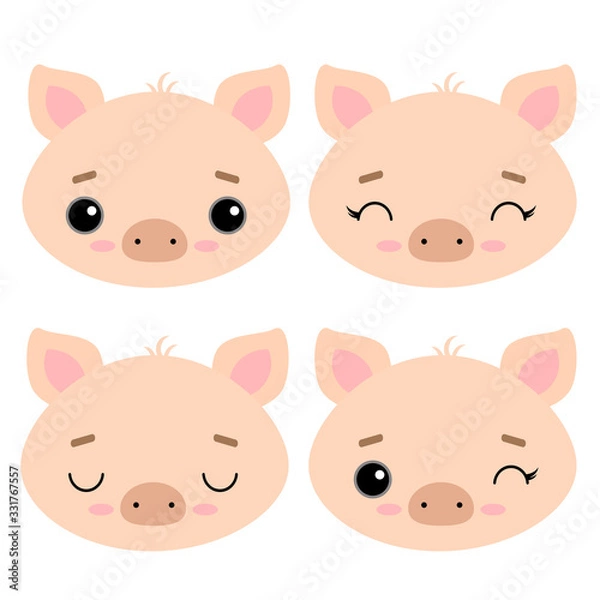 Fototapeta Set of cute vector illustrations with pets. Emotional pig isolated on a white background. Farm. Design for children, poster, print on fabric, greeting card.