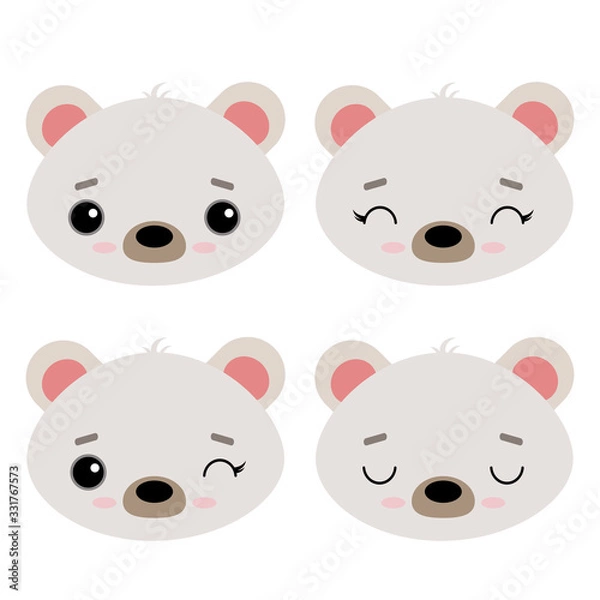 Fototapeta Set of cute vector illustrations with wild northern animals. Emotional polar bear Isolated on a white background. New Year's animals. Design for children, poster, print on fabric, greeting card.