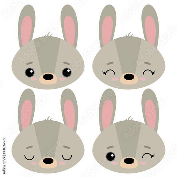 Fototapeta Set of cute vector illustrations with wild animals. Emotional hare isolated on a white background. Easter bunny. Farm. Design for children, poster, print on fabric, greeting card.