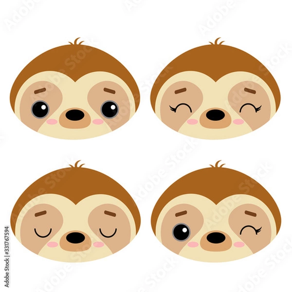 Fototapeta Set of cute vector illustrations with wild animals. Emotional sloth isolated on a white background. The trend. Design for children, poster, print on fabric, greeting card.