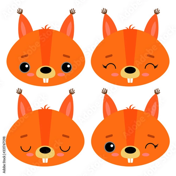 Fototapeta Set of cute vector illustrations with wild forest animals. Emotional squirrel Isolated on a white background. Design for children, poster, print on fabric, greeting card.