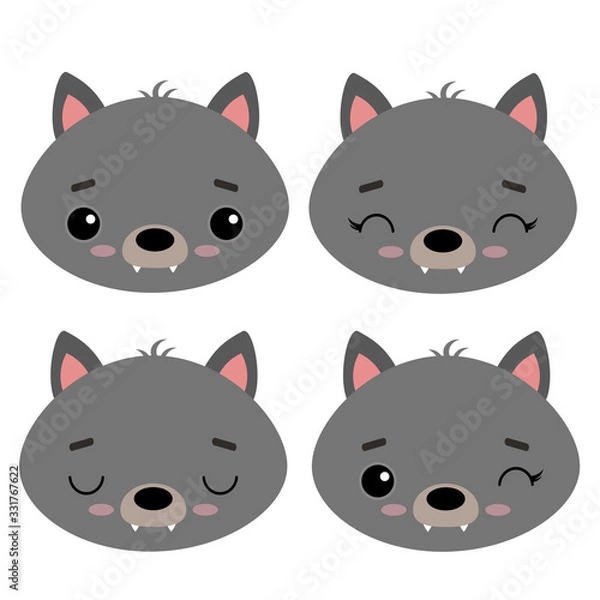 Fototapeta Set of cute vector illustrations with wild forest animals. Emotional wolf Isolated on a white background. Design for children, poster, print on fabric, greeting card.
