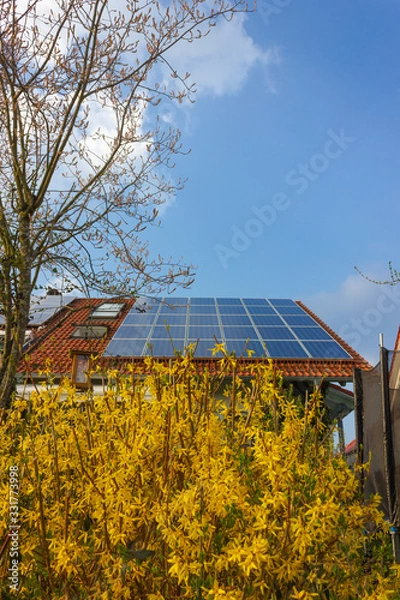 Obraz rooftop with solar panels and yellow flowers