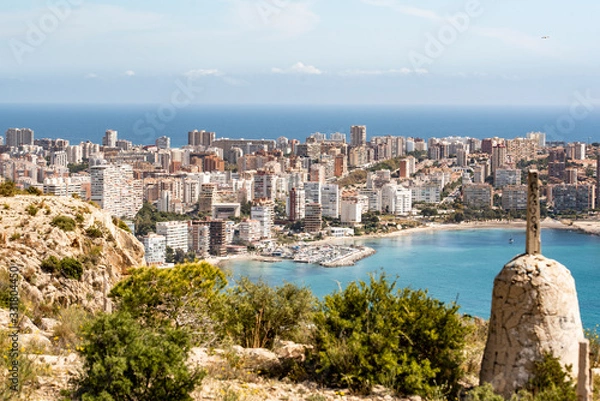 Fototapeta Panoramic shot of the beach of "La Albufereta" Alicante. View of the urbanizations, the beach with the Mediterranean Sea in the background.