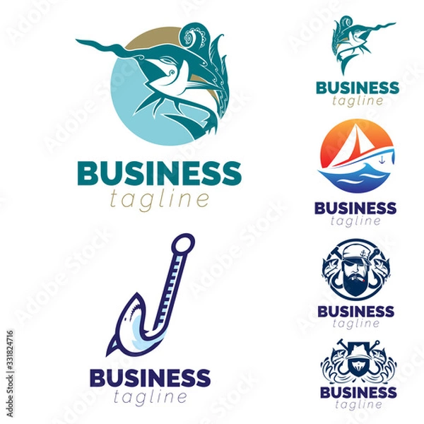 Fototapeta Fishing, Fish and Sail theme logo set. vector