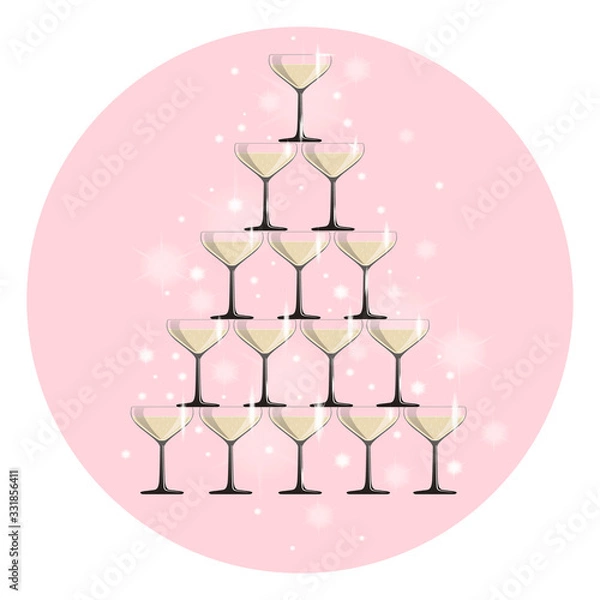 Fototapeta Wedding pyramid of glasses. Tower of champagne with sparkling wine for a wedding party or any celebration. Vector illustration in flat style .