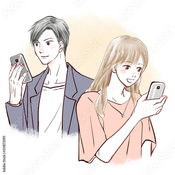 Obraz カップル　スマホ　笑顔