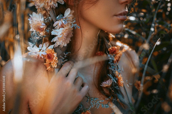 Obraz close up portrait of young and tender woman on a feild at sunset