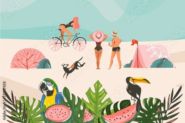 Fototapeta Hand drawn vector stock abstract graphic illustration with a tropical birds and leaves,people group and camp tent in ocean beach landscape isolated on blue background