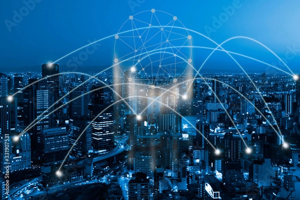 Fototapeta Business network connection on city financial background