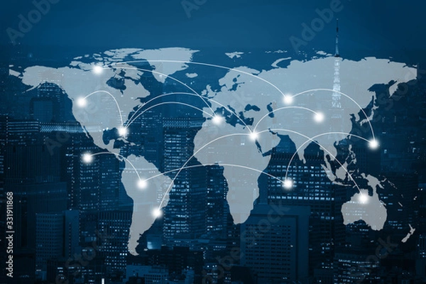 Fototapeta Double exposure global concept of business and technology network on city background. Element of this images furnished by NASA