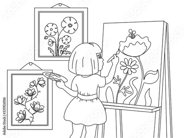 Fototapeta Children coloring. A girl draws pictures, flowers. Black lines, white background. Cartoon raster