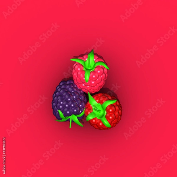 Fototapeta Berries set. Top down colorful shiny fruit. Fresh brilliant red, pink purple berry, blue berry raspberry, blackberry. with leaf  on pink background. Isolated. Top down view. Lighting. 3d rendering