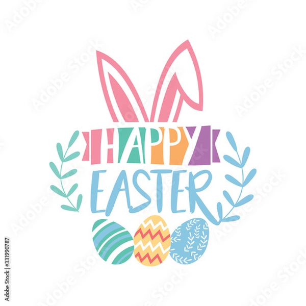Fototapeta Happy Easter Script Lettering Logo Icon Vector Background Template.  Bunny Rabbit Graphic Design.