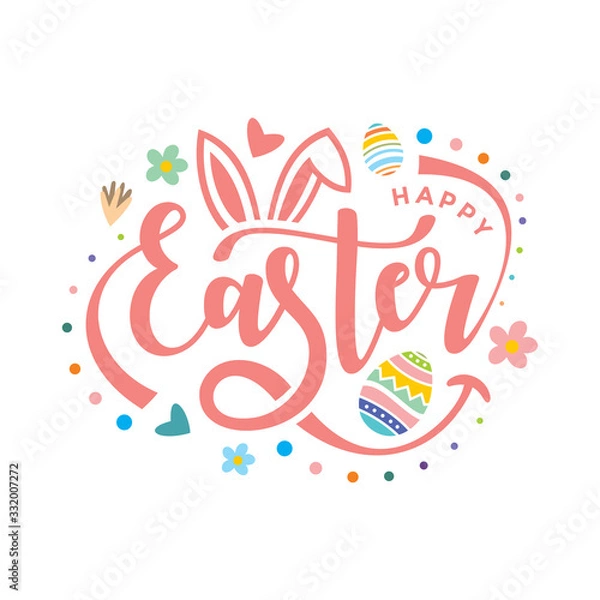 Fototapeta Happy Easter Script Lettering Logo Icon Vector Background Template. Bunny Rabbit Graphic Design.	