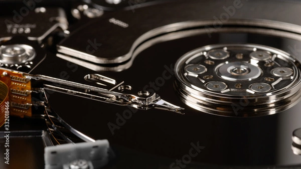 Fototapeta Macro hard drive. HDD. Modern technologies, computer memory, storage of large databases background in dark colors.