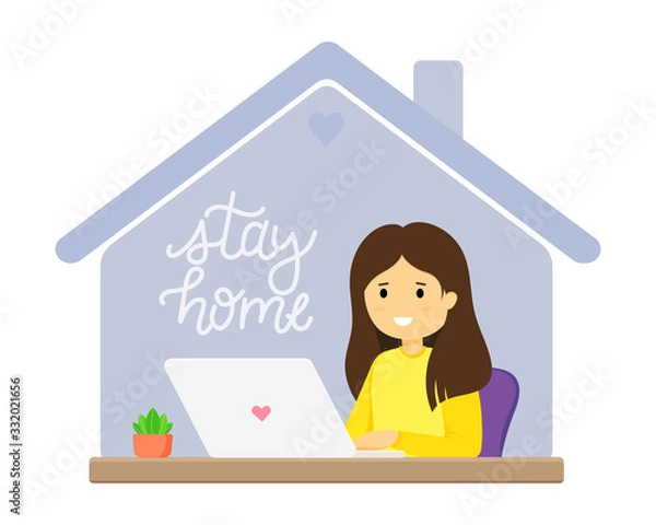 Fototapeta Home office concept. Woman working at home at the computer. Student or schoolboy, freelancer, blogger. Isolated vector illustration in a flat style. Stay at home during the epidemic of the covid-19.