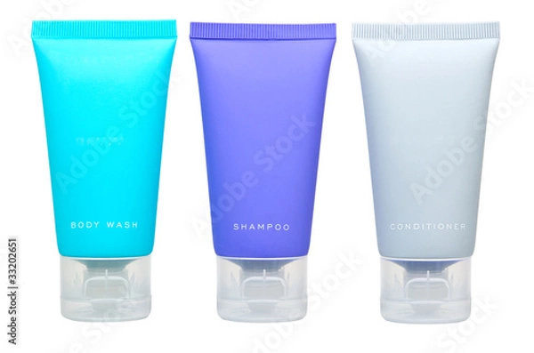 Fototapeta Body lotion, shampoo and conditioner in tubes isolated on white