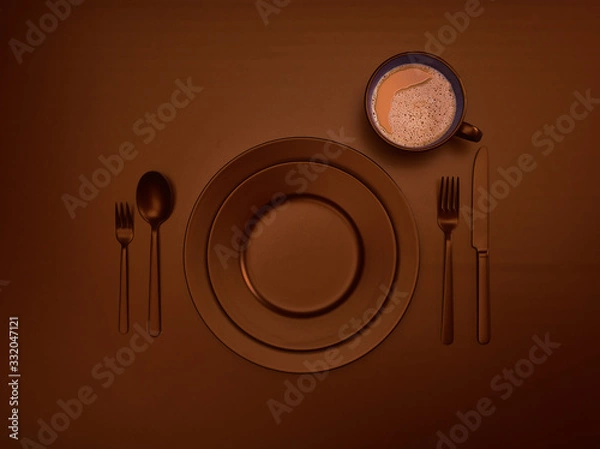 Fototapeta Cup of coffee with blue plates, fork, knife and spoon, top view. Ceramic dishes with a set of cutlery. Empty blue dishes for breakfast or dinner in a restaurant. Copyspace for your individual text.
