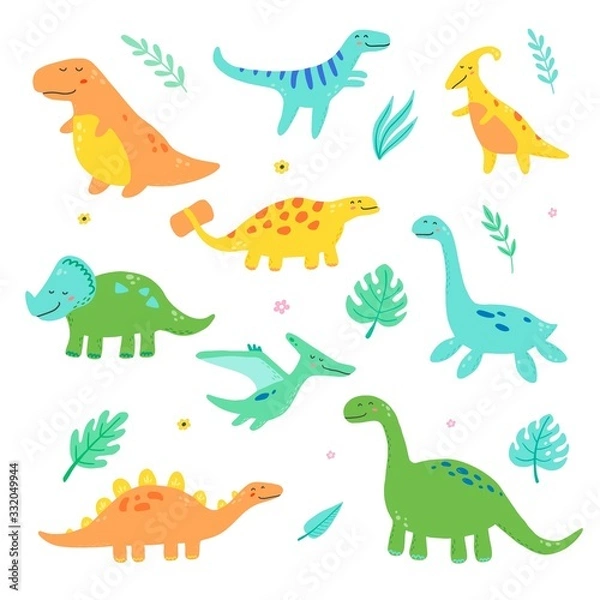 Fototapeta Cute dinosaur set for kids, baby clipart design. Colorful dino of hand drawn style. Vector illustration of dinosaurs isolated on background.