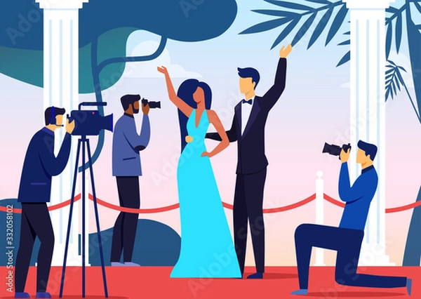 Fototapeta Celebrities Pair Arrival Flat Vector Illustration. Woman in Dress, Man in Tuxedo and Paparazzi Cartoon Characters. Famous People, VIP Couple Walk Red Carpet Together. Show Business, Public Event