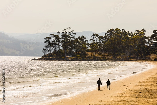 Fototapeta Para spacerująca wzdłuż zakrzywionego brzegu złotej piaszczystej plaży w wietrzny, wietrzny dzień w kierunku punktu.