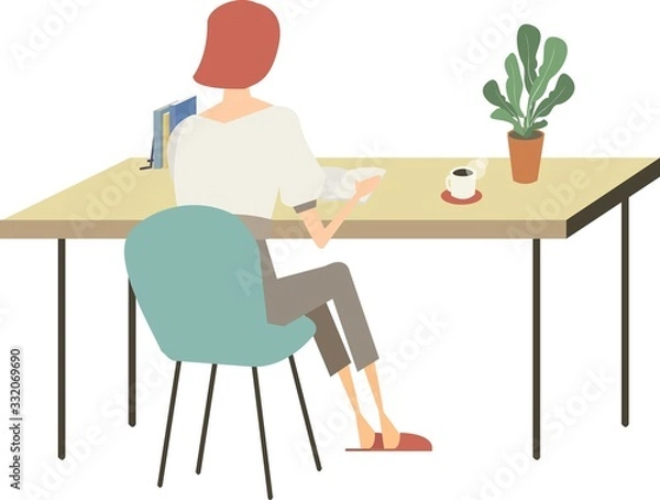Fototapeta 女性　デスクワーク　読書　勉強　オフィス　自宅　ベクター　イラスト