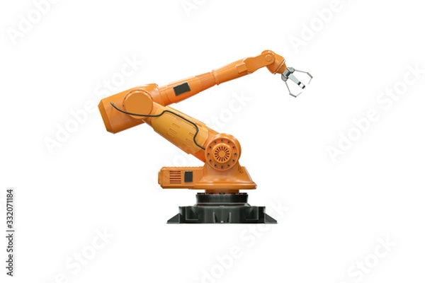 Fototapeta Orange robot arm manipulator for plant isolated on white background. Technology concept, future. 3D rendering, 3D illustration, copy space.