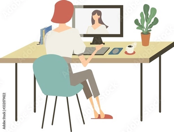 Obraz 女性　デスクワーク　テレワーク　リモートワーク　ビジネス　自宅　ベクター　イラス
