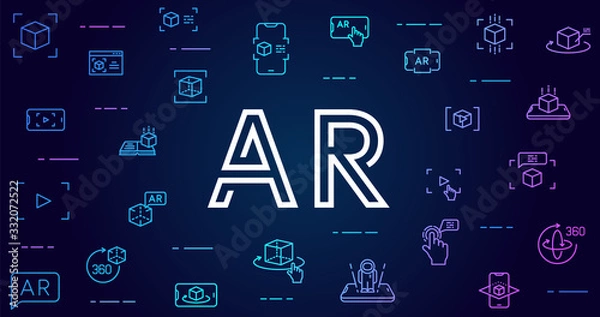 Fototapeta Augmented reality vector background. AR and VR futuristic background with line icons and gradients for web design, mobile apps, ui design and print. Innovative technologies business concept