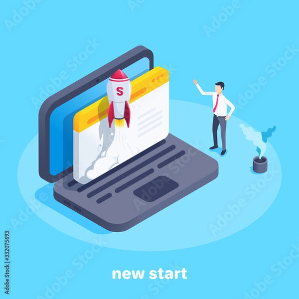 Fototapeta isometric vector image on a blue background, a rocket taking off from a laptop screen and a man pointing to it, startup