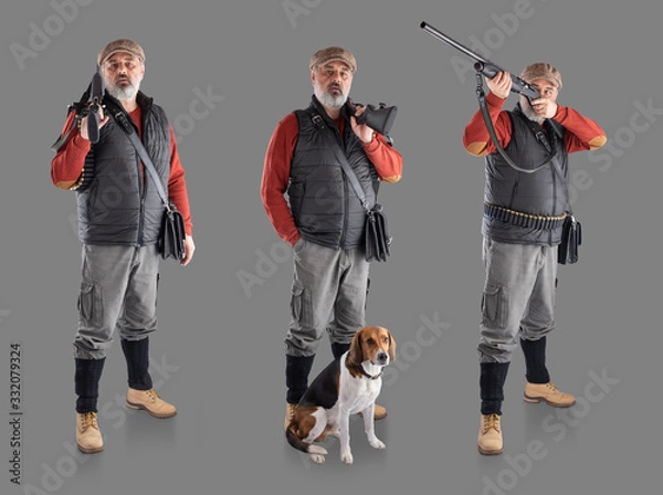 Fototapeta A man in a cap and vest, with a bandoleer and with a gun on a gray background. Set of hunters poses.