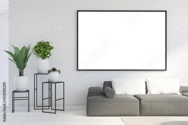 Fototapeta Mock up frame in white living room with sofa