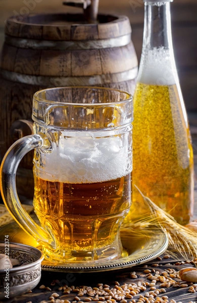 Fototapeta Light beer in a glass on a table in composition with accessories on an old background