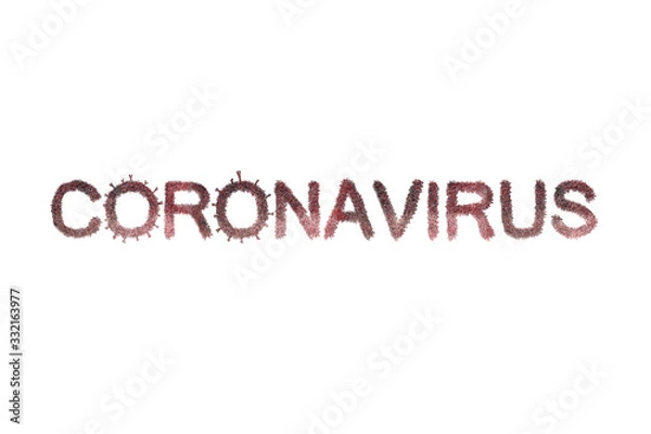 Fototapeta inscription coronavirus made of viruses of spores and bacteria against the background of an abstract image of a microorganism