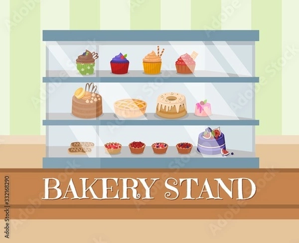 Fototapeta Bakery Stand or Showcase with frosting. Different Sweets under Glass Window Stand at Confectionery Shop. Cartoon Cupcakes, Cakes, Muffins, Fruit Baskets and Eclairs. Vector Flat Illustration