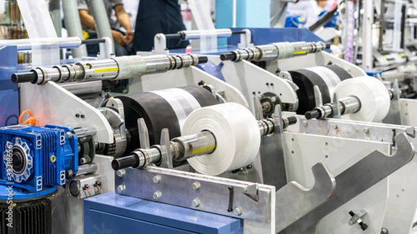Fototapeta raw material plastic roll set on support unit shaft for supply or feed to modern automatic blow or injection for continuous manufacturing process sack bag making machine