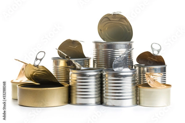 Obraz A lot of uncovered metal tin cans isolated on a white background