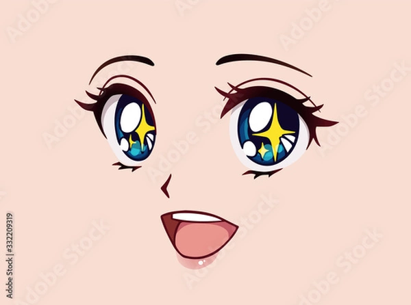 Fototapeta Happy anime face. Manga style big blue eyes, little nose and big kawaii mouth. Yellow sparkles in her eyes.
