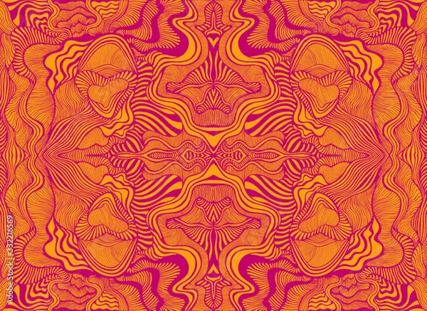 Fototapeta Abstract psychedelic fractal pattern, burgundy outline, orange color background.